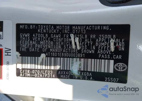 2013 Toyota Avalon Hybrid Xle Premium from USA, damaged, VIN 4T1BD1EB9DU003891
